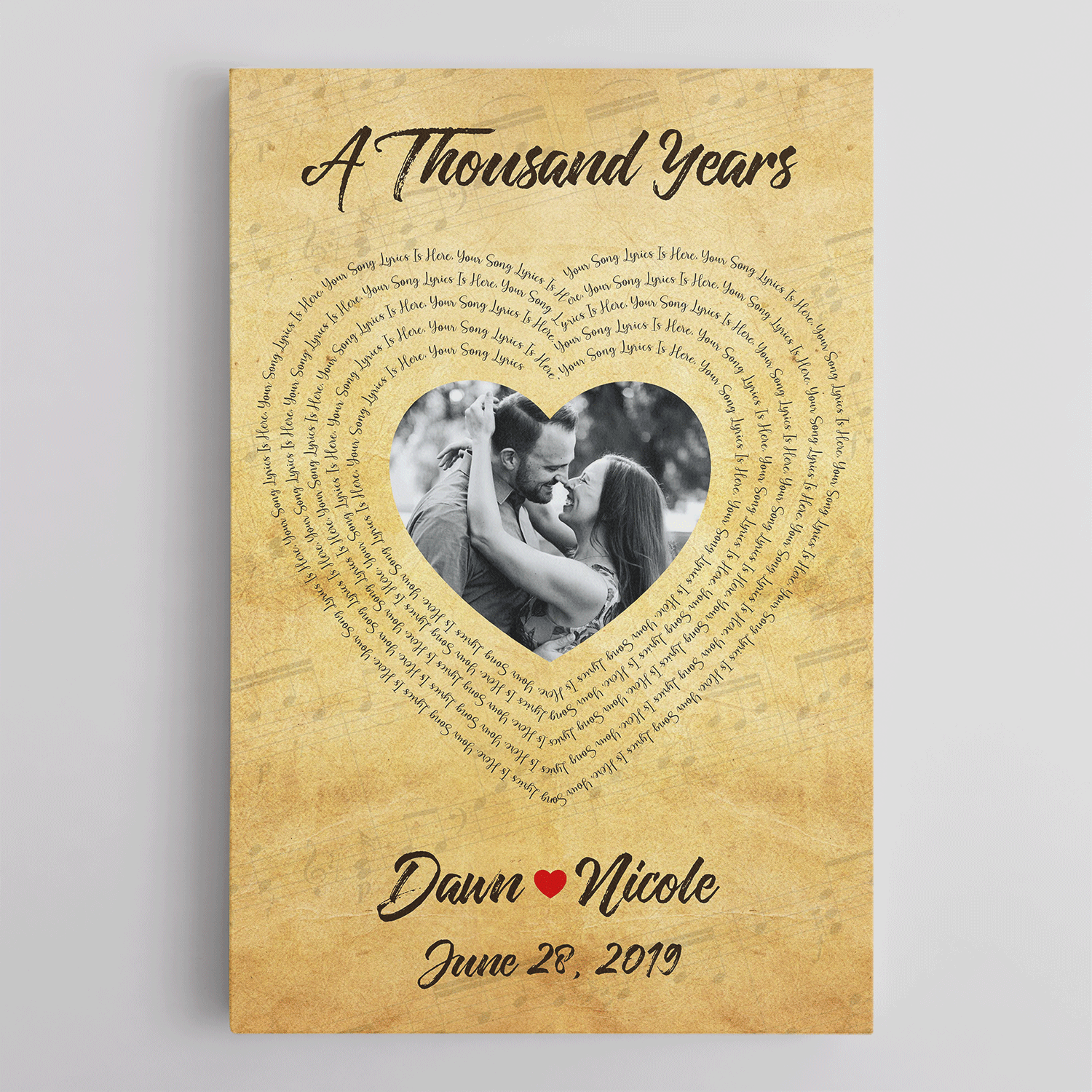 Custom Song Lyrics, Heart Art, Customizable Text And Upload Photo Canvas