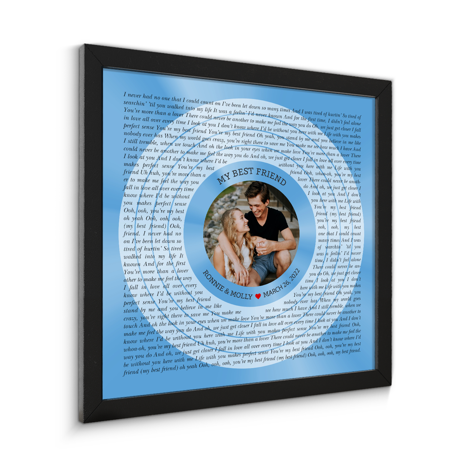 Circular Photo Ice Blue Framed Art Print, Custom Song Lyrics & Name