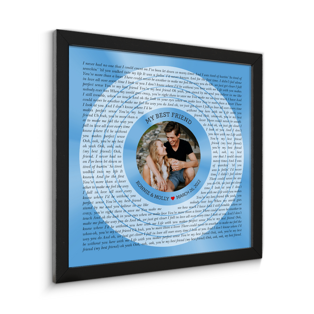 Circular Photo Ice Blue Framed Art Print, Custom Song Lyrics & Name