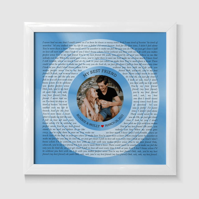 Circular Photo Ice Blue Framed Art Print, Custom Song Lyrics & Name