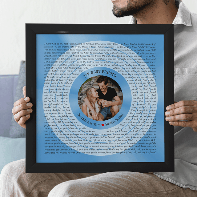 Circular Photo Ice Blue Framed Art Print, Custom Song Lyrics & Name