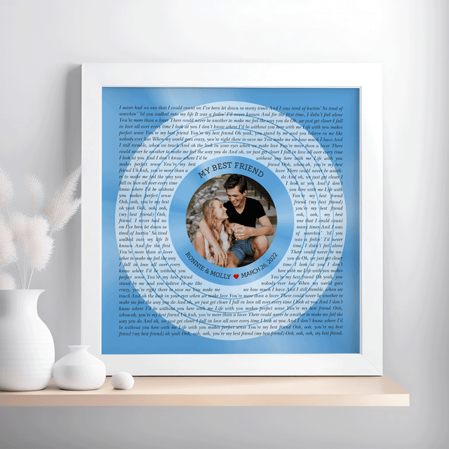 Circular Photo Ice Blue Framed Art Print, Custom Song Lyrics & Name