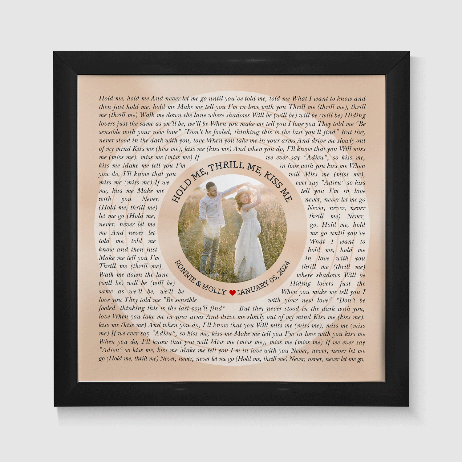 Circular Photo Sandy Framed Art Print, Personalized Song Lyrics & Name