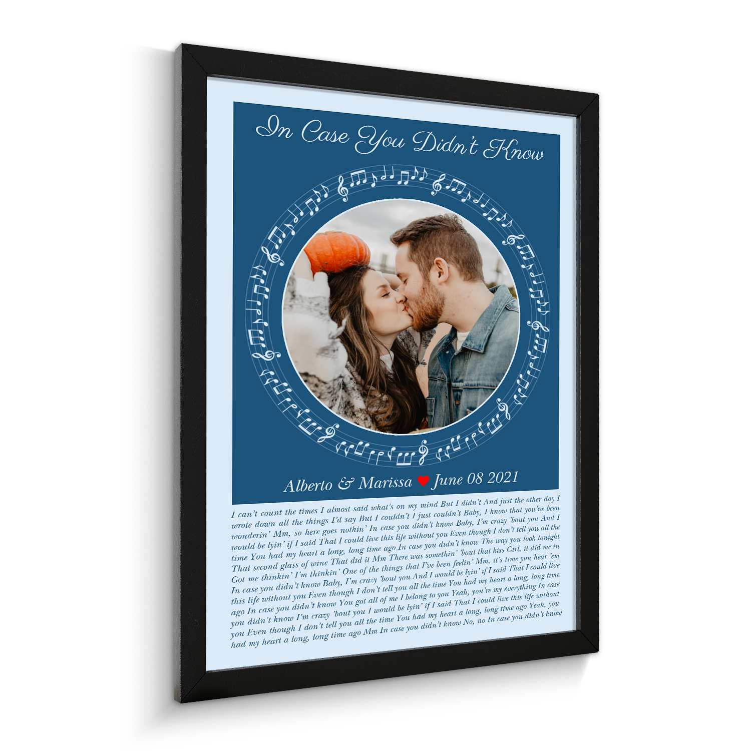 Circular Photo Ice Blue Framed Art Print, Custom Song Lyrics & Name