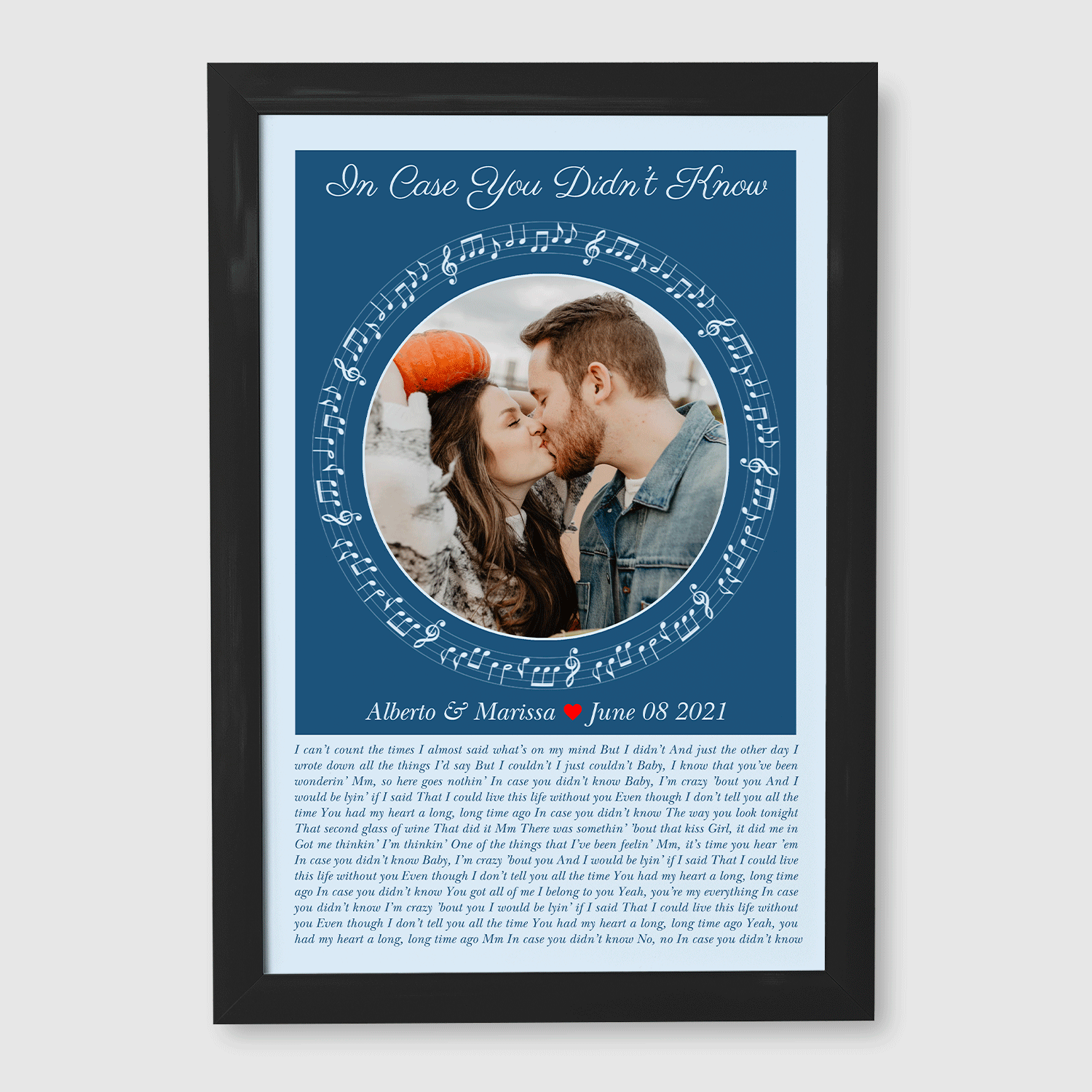 Circular Photo Ice Blue Framed Art Print, Custom Song Lyrics & Name