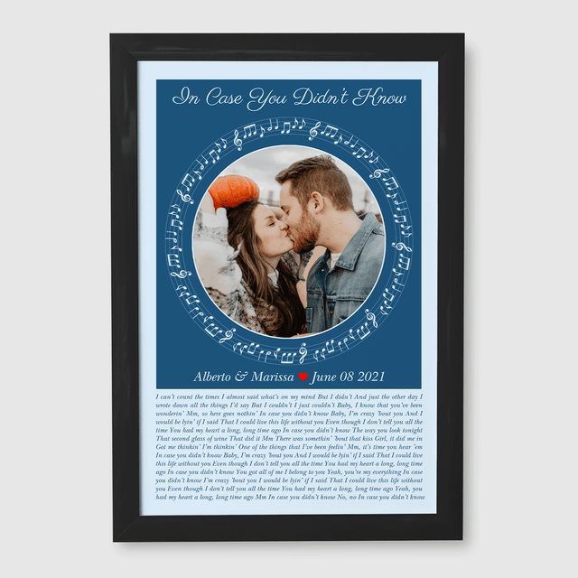 Circular Photo Ice Blue Framed Art Print, Custom Song Lyrics & Name