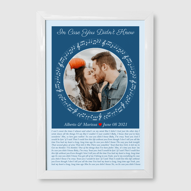 Circular Photo Ice Blue Framed Art Print, Custom Song Lyrics & Name
