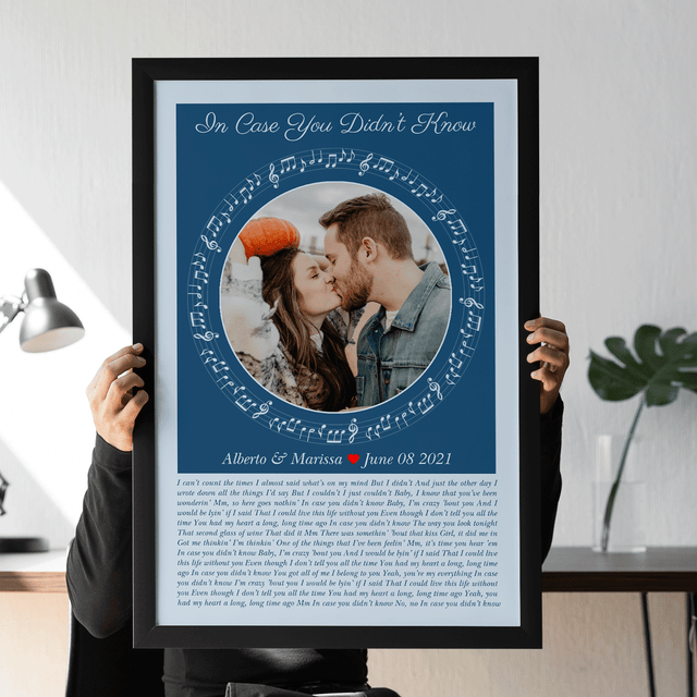 Circular Photo Ice Blue Framed Art Print, Custom Song Lyrics & Name