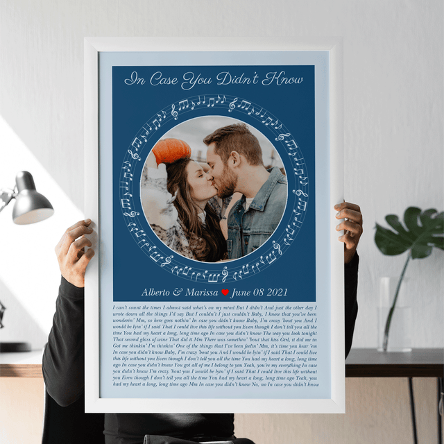 Circular Photo Ice Blue Framed Art Print, Custom Song Lyrics & Name