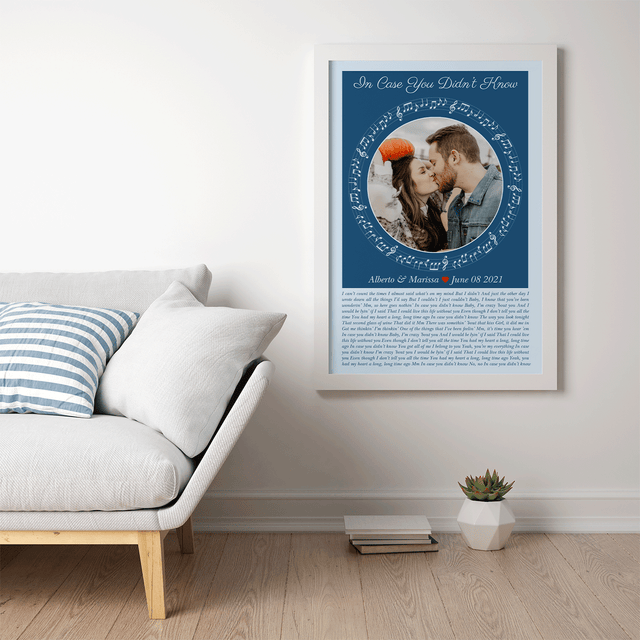Circular Photo Ice Blue Framed Art Print, Custom Song Lyrics & Name