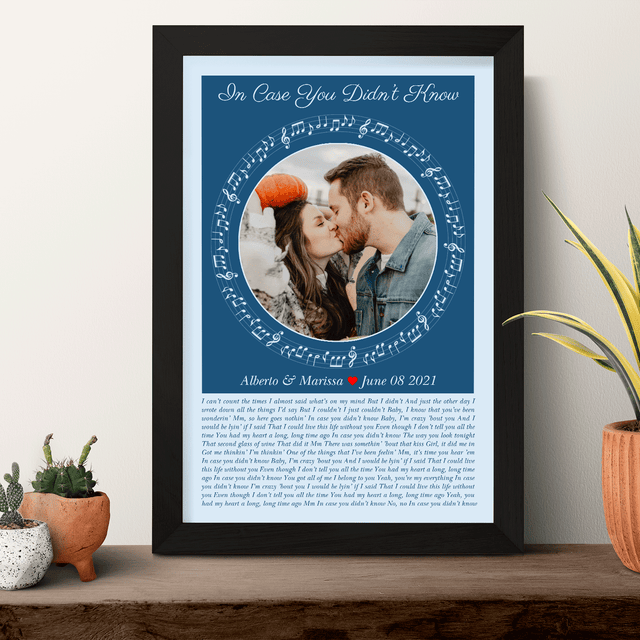 Circular Photo Ice Blue Framed Art Print, Custom Song Lyrics & Name