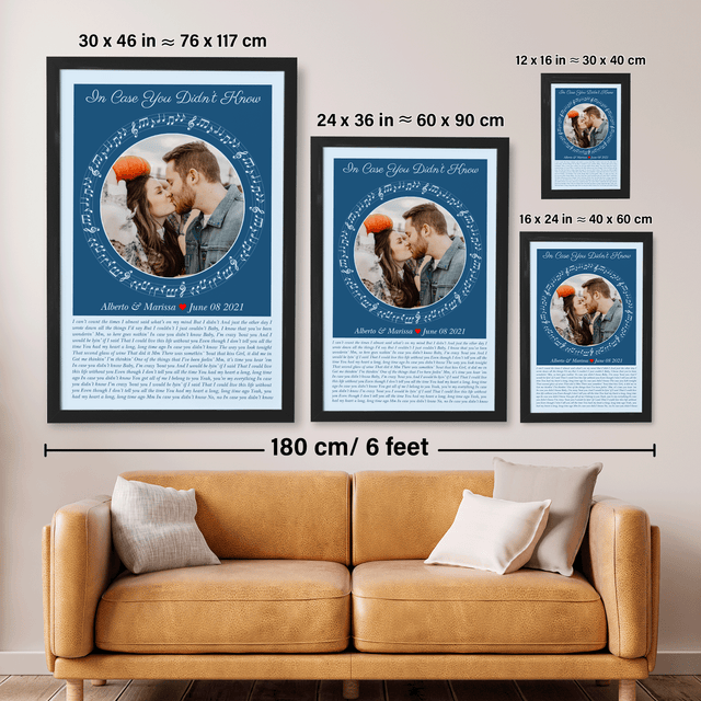Circular Photo Ice Blue Framed Art Print, Custom Song Lyrics & Name