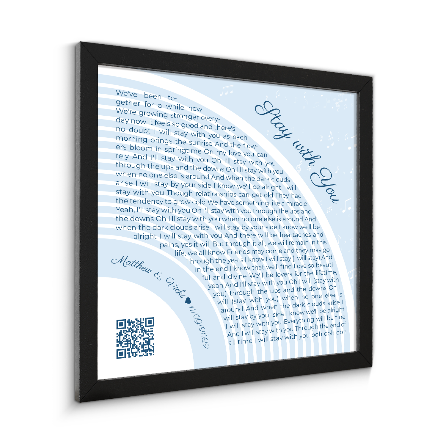 Custom Song Lyrics Wall Art With QR Code, Pastel Blue Framed Art Print