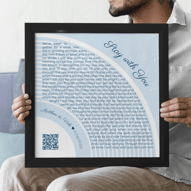 Custom Song Lyrics Wall Art With QR Code, Pastel Blue Framed Art Print