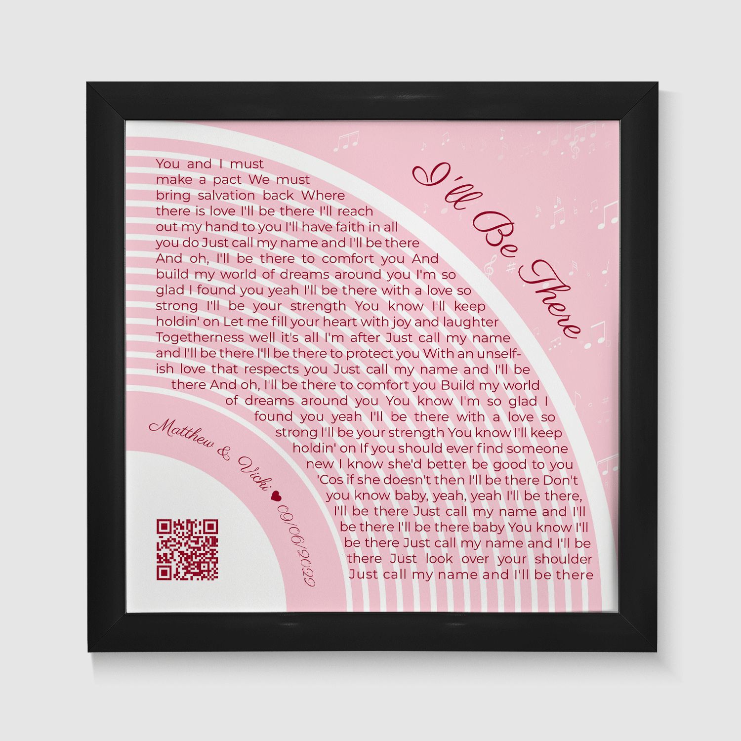 Custom Song Lyrics Wall Art With QR Code, Pastel Pink Framed Art Print