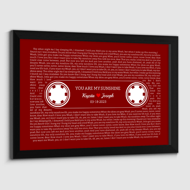 Maroon Retro Cassette Tape Design, Personalized Song Lyrics Framed Art Print