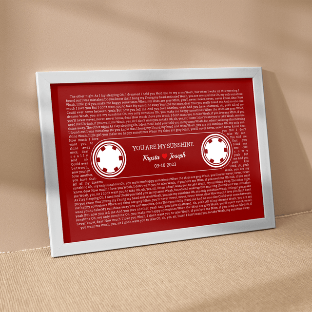 Maroon Retro Cassette Tape Design, Personalized Song Lyrics Framed Art Print