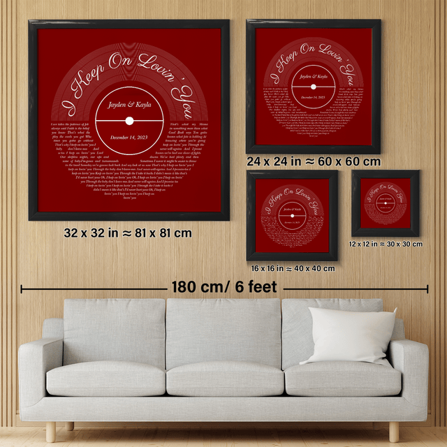 Minimalist Antique Maroon Framed Square Wall Art, Custom Song Lyrics & Name