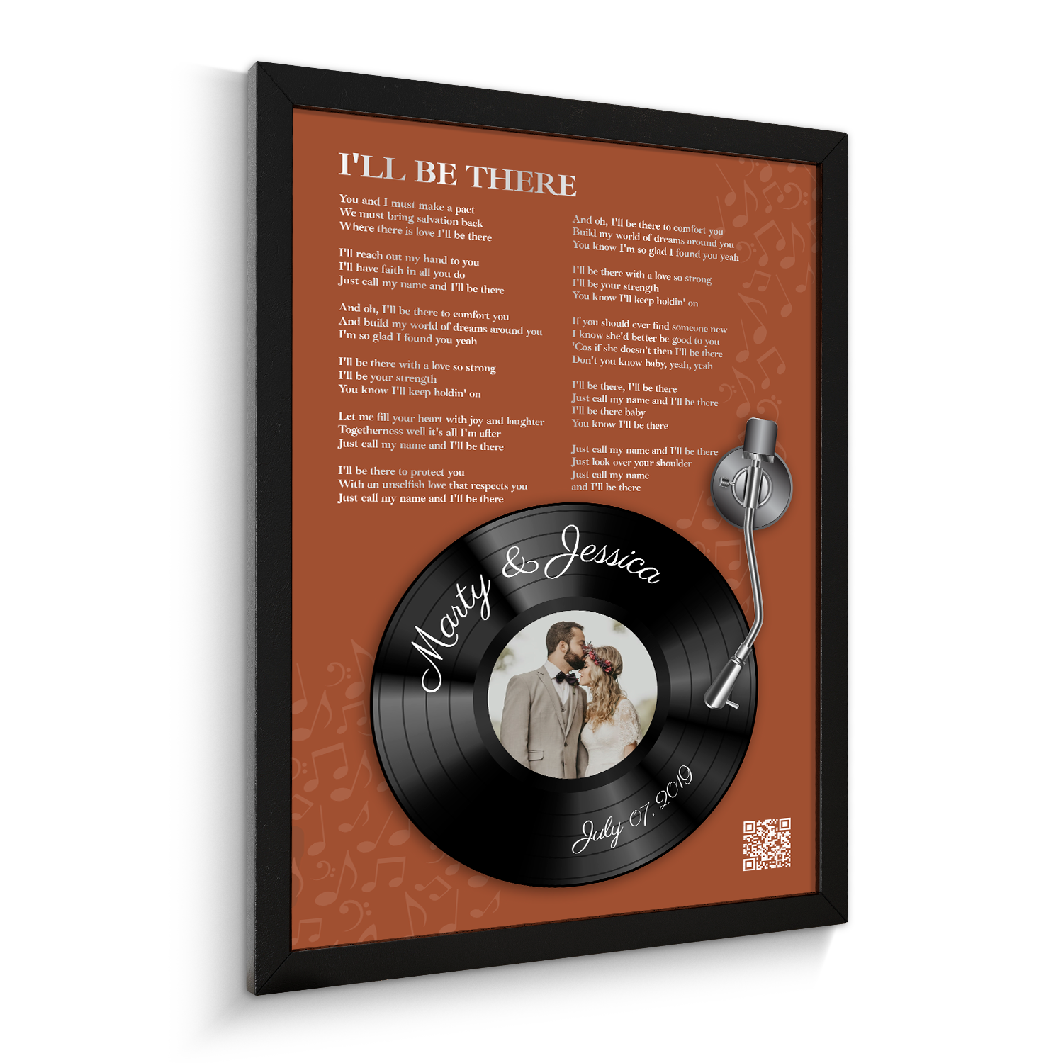 Rusti Orange Vinyl Record Lyrics Framed Art Print, Custom Song & Name