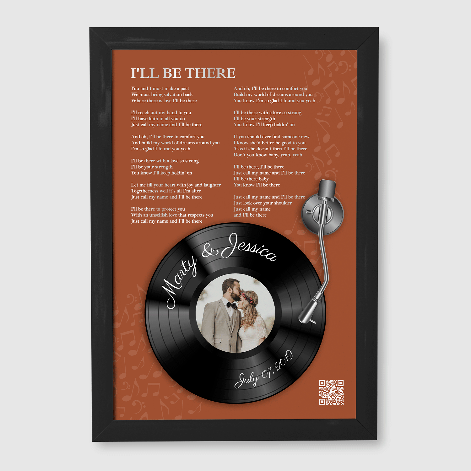 Rusti Orange Vinyl Record Lyrics Framed Art Print, Custom Song & Name