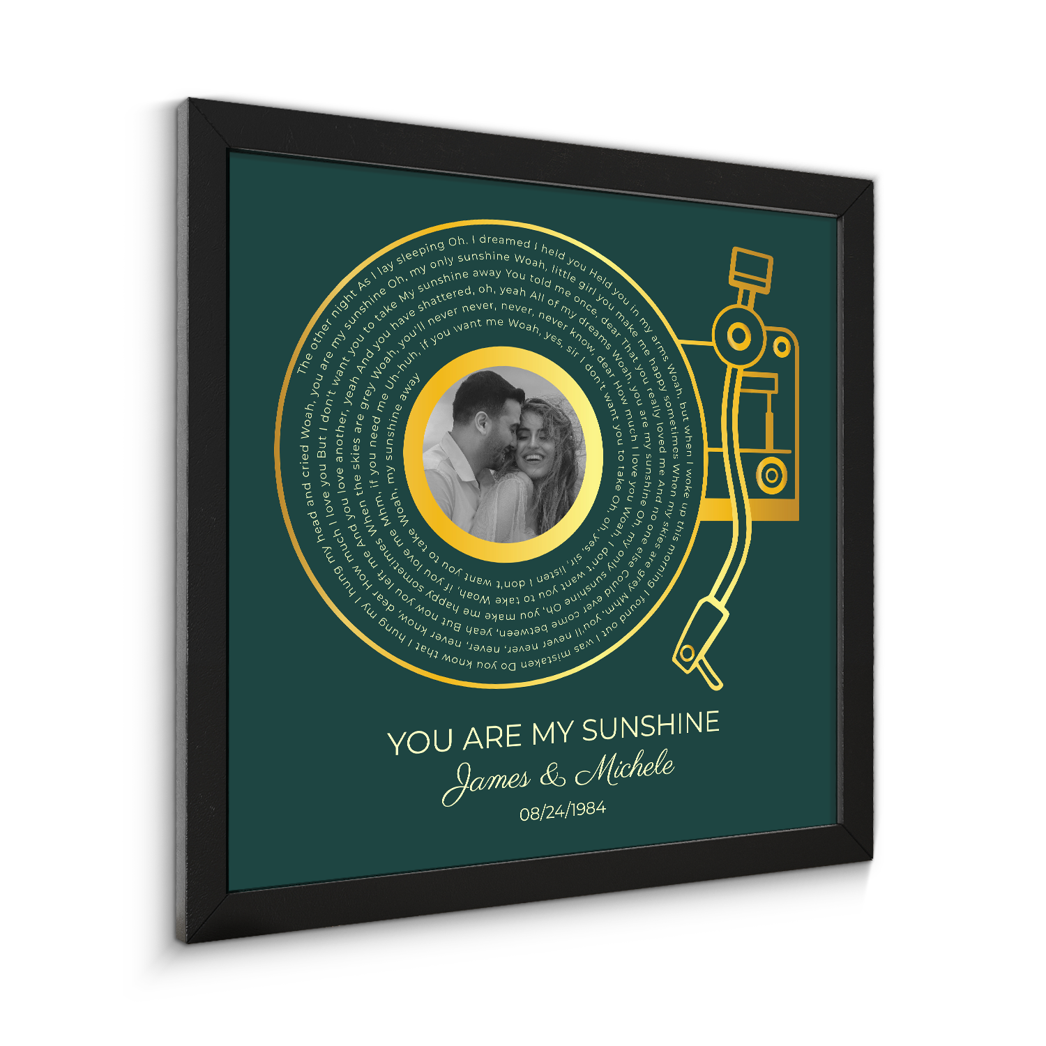 Custom Gold Vinyl Record Design, Retro Green Circular Photo Framed Art Print