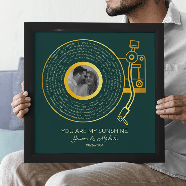 Custom Gold Vinyl Record Design, Retro Green Circular Photo Framed Art Print