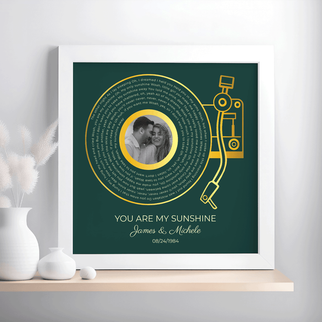 Custom Gold Vinyl Record Design, Retro Green Circular Photo Framed Art Print