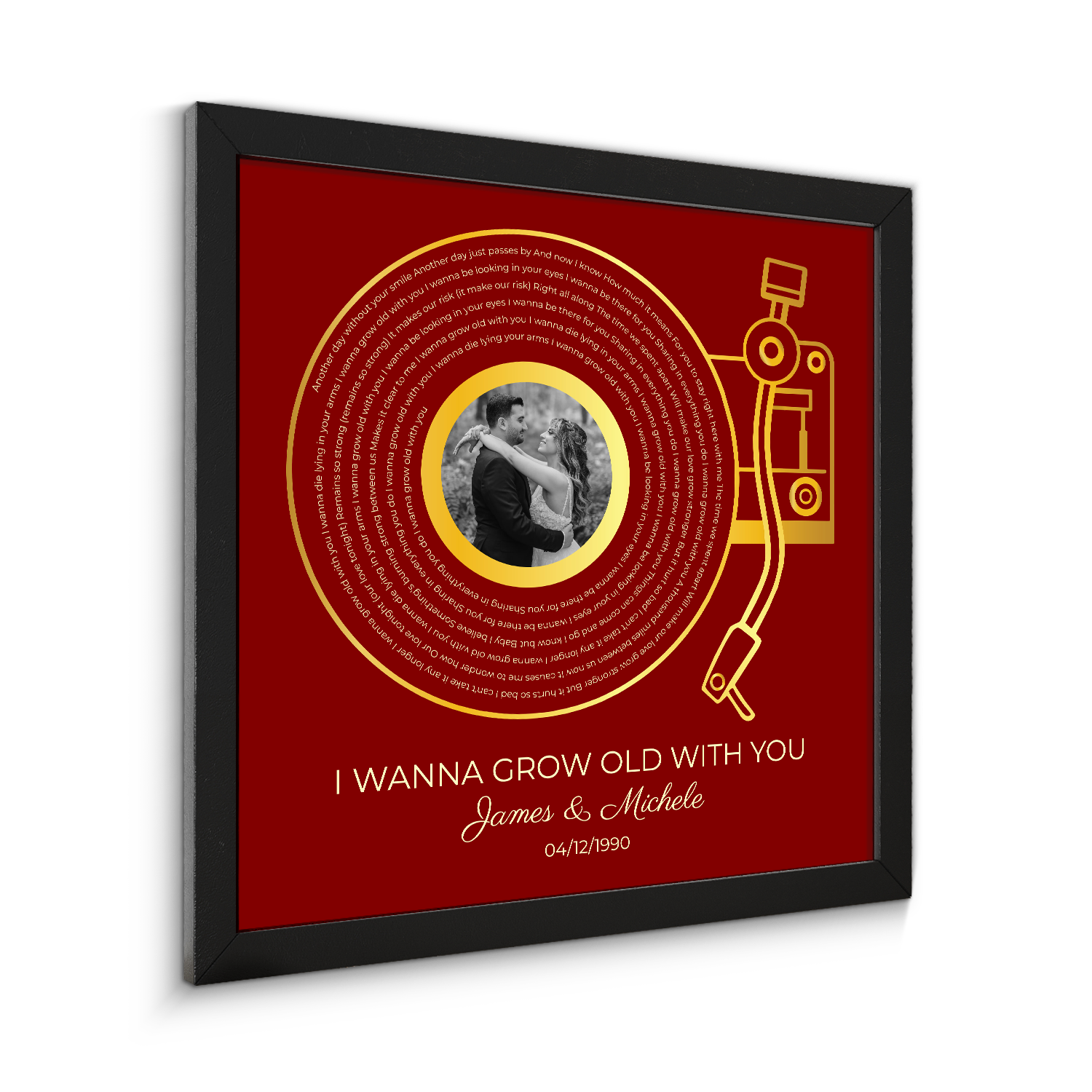 Custom Gold Vinyl Record, Retro Maroon Circular Photo Framed Art Print