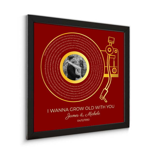 Custom Gold Vinyl Record, Retro Maroon Circular Photo Framed Art Print