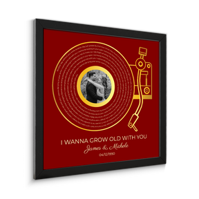 Custom Gold Vinyl Record, Retro Maroon Circular Photo Framed Art Print