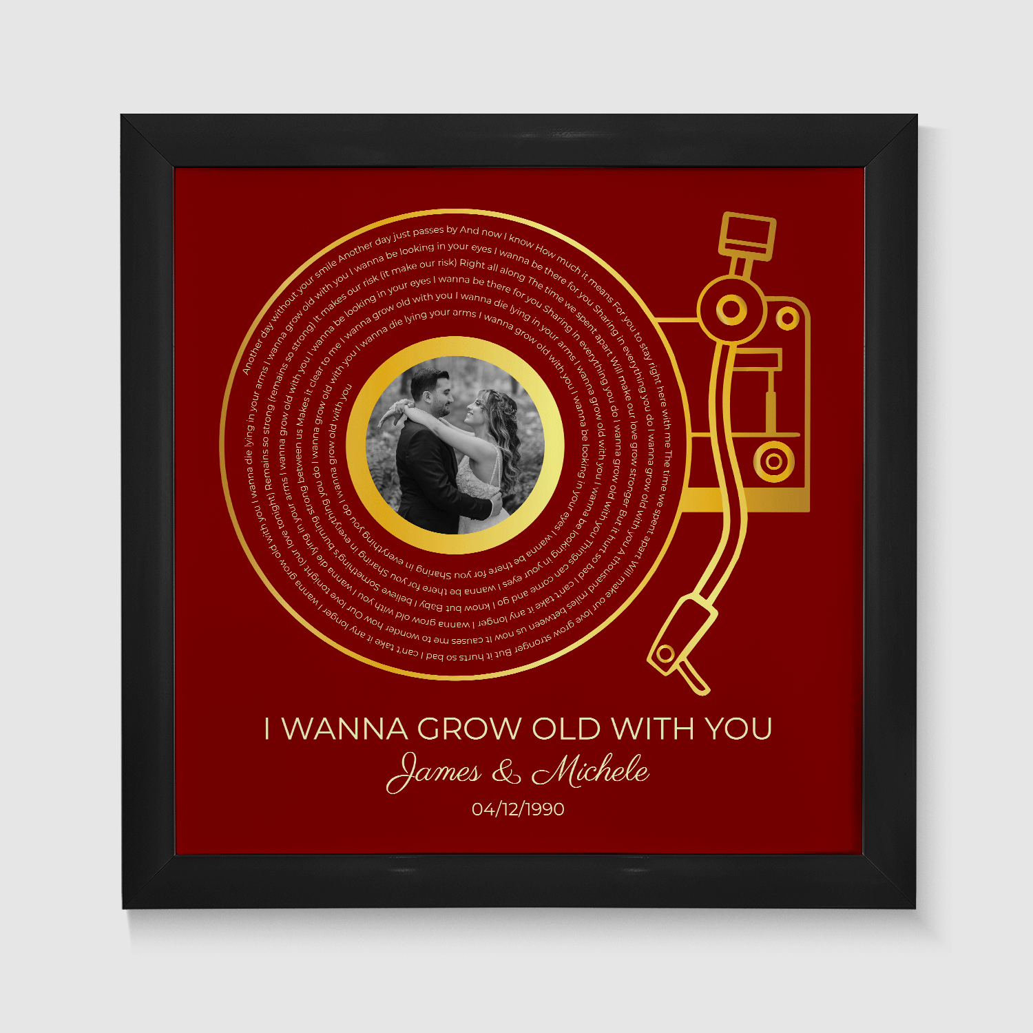 Custom Gold Vinyl Record, Retro Maroon Circular Photo Framed Art Print