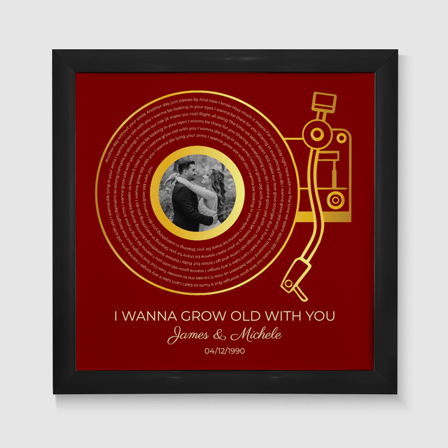 Custom Gold Vinyl Record, Retro Maroon Circular Photo Framed Art Print