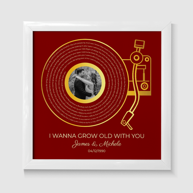 Custom Gold Vinyl Record, Retro Maroon Circular Photo Framed Art Print