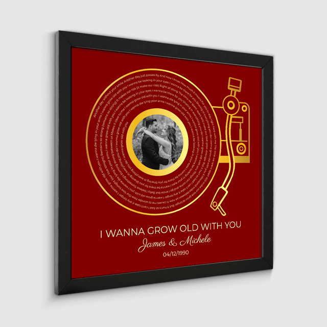 Custom Gold Vinyl Record, Retro Maroon Circular Photo Framed Art Print