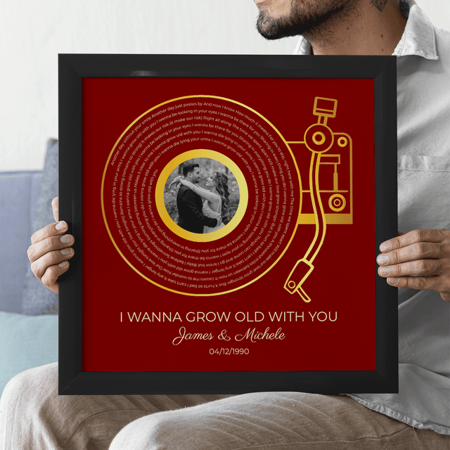 Custom Gold Vinyl Record, Retro Maroon Circular Photo Framed Art Print