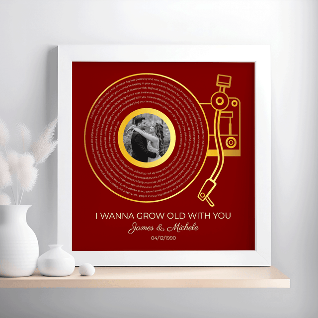 Custom Gold Vinyl Record, Retro Maroon Circular Photo Framed Art Print