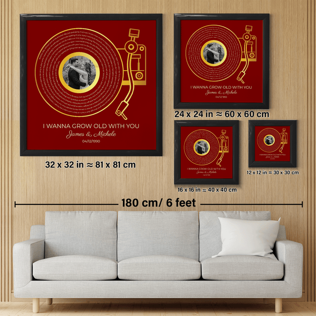Custom Gold Vinyl Record, Retro Maroon Circular Photo Framed Art Print