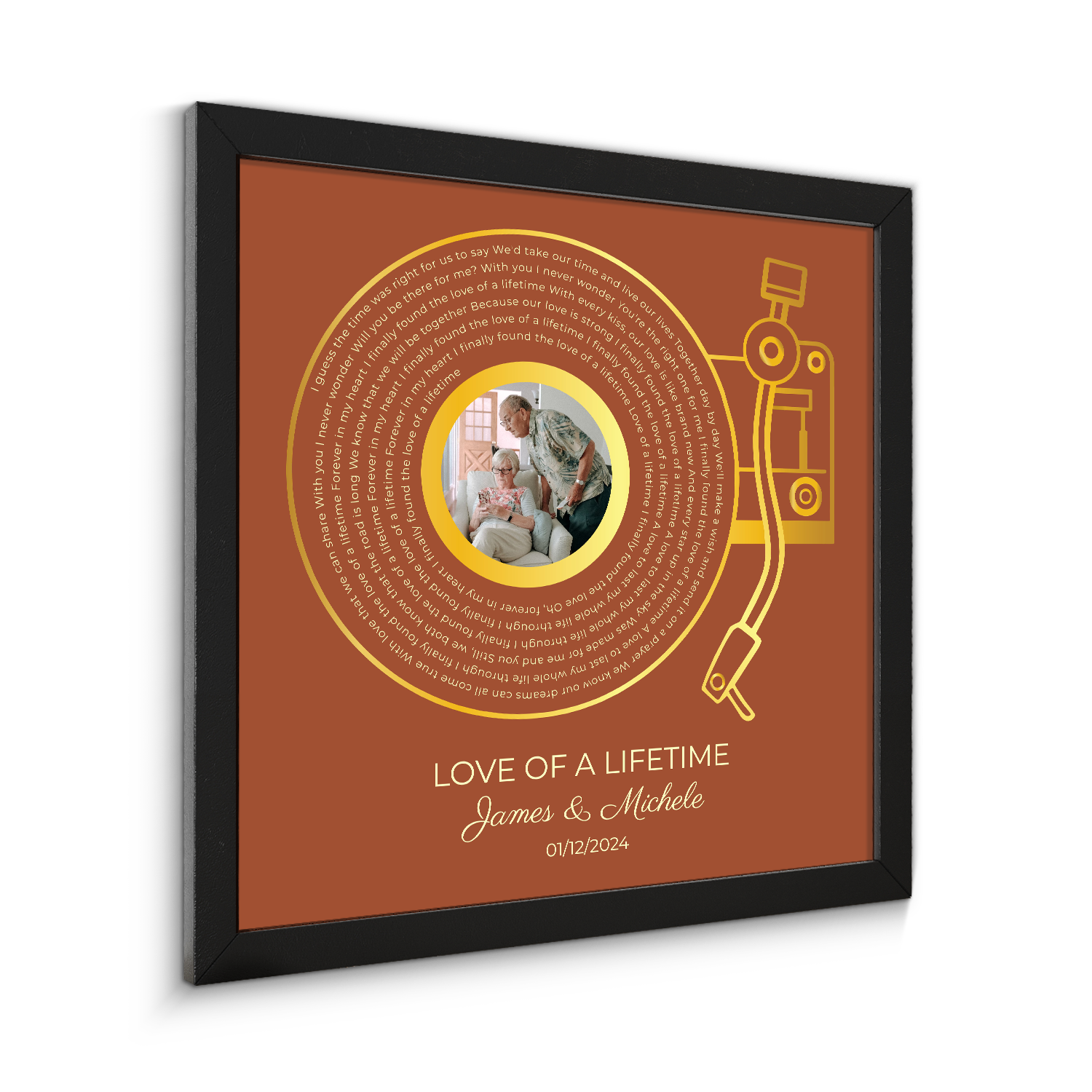 Custom Gold Vinyl Record, Retro Orange Circular Photo Framed Art Print