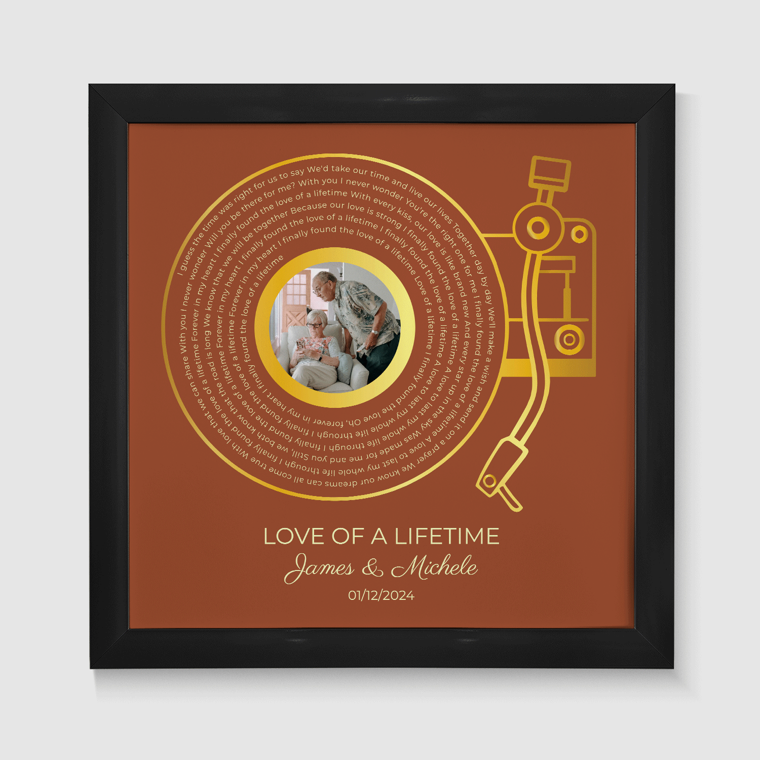 Custom Gold Vinyl Record, Retro Orange Circular Photo Framed Art Print
