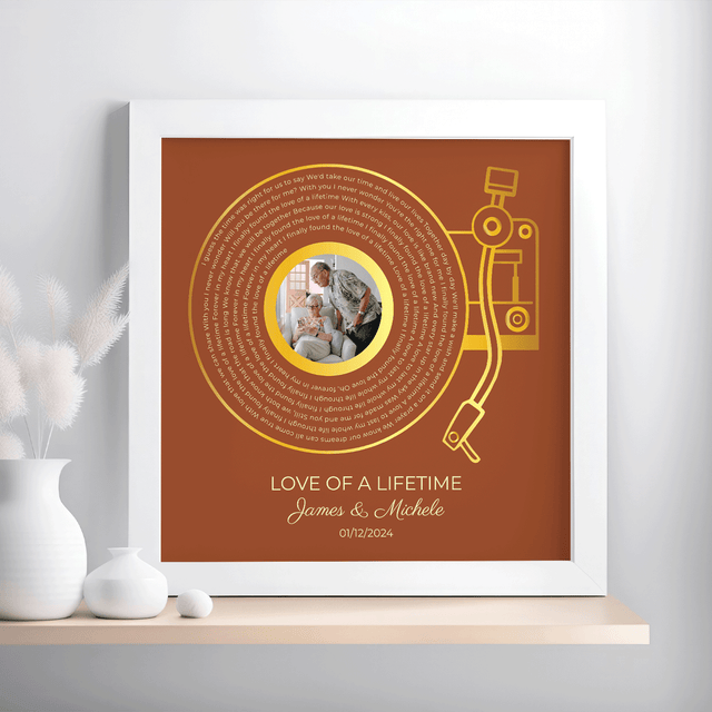 Custom Gold Vinyl Record, Retro Orange Circular Photo Framed Art Print