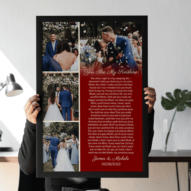 Custom Photo Collage Framed Art Print, Vintage Style with Song Lyrics