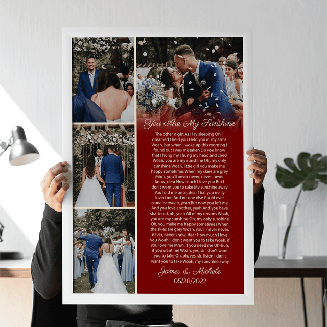 Custom Photo Collage Framed Art Print, Vintage Style with Song Lyrics