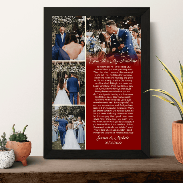 Custom Photo Collage Framed Art Print, Vintage Style with Song Lyrics