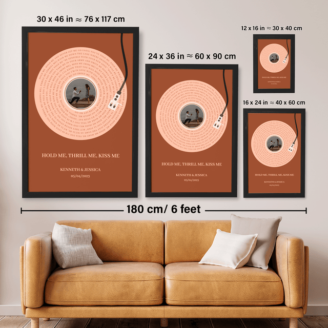 Personalized Song Lyrics Framed Art Print, Rusty Orange Vinyl Record Lyrics