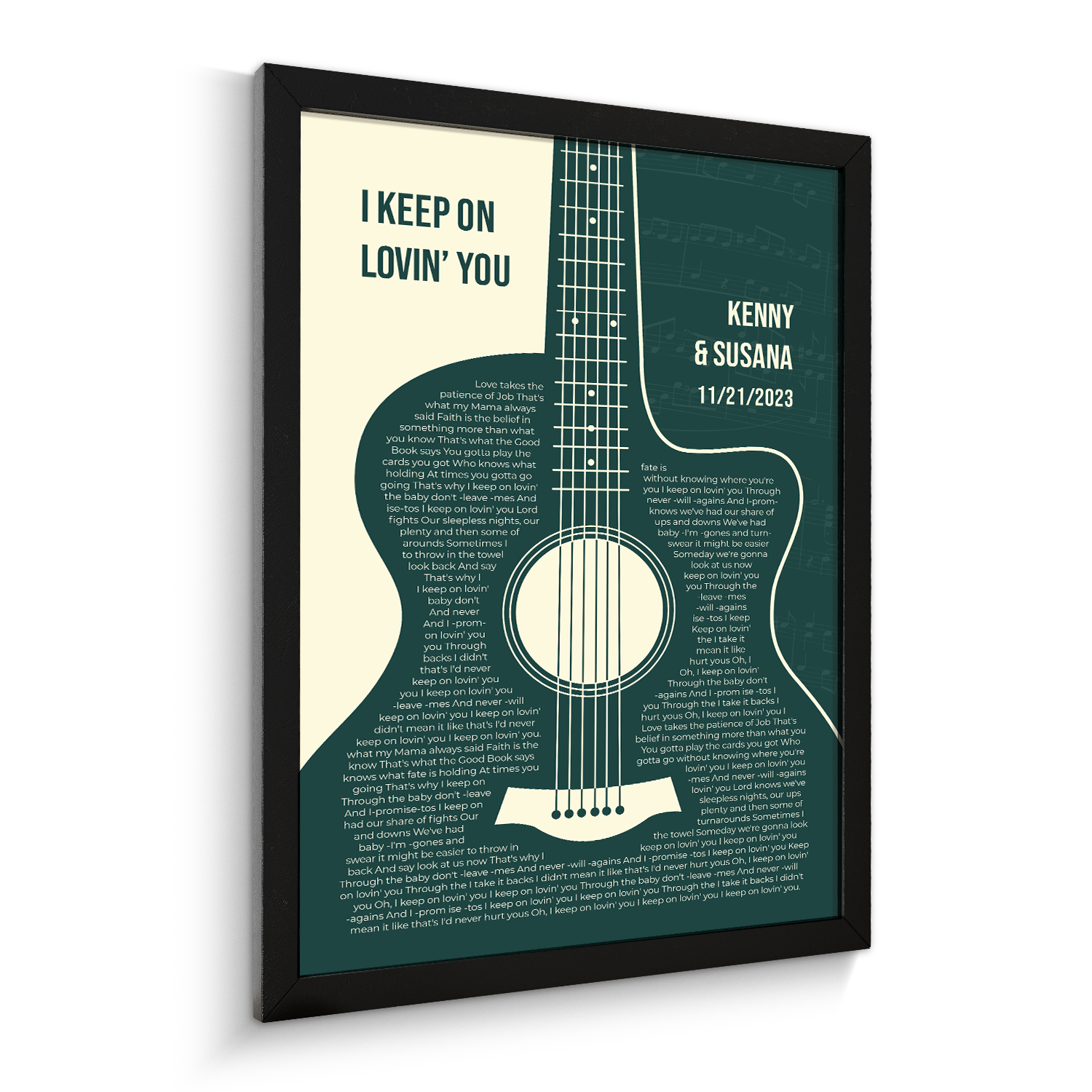 Forest Green Guitar Design, Personalized Song Lyrics Framed Art Print