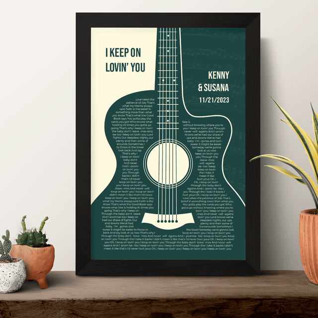 Forest Green Guitar Design, Personalized Song Lyrics Framed Art Print