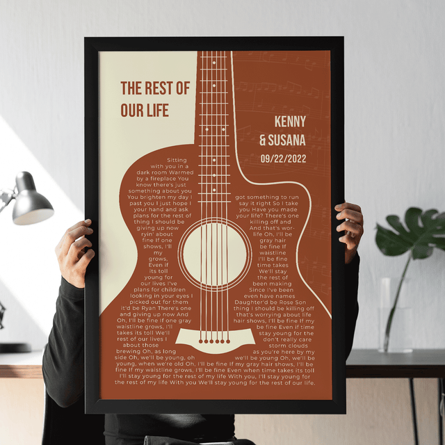 Orange Retro Guitar, Personalized Song Lyrics Framed Art Print
