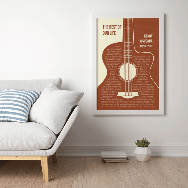 Orange Retro Guitar, Personalized Song Lyrics Framed Art Print