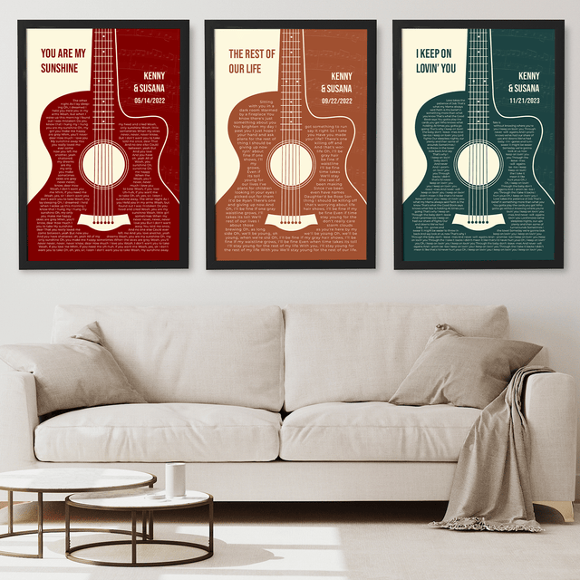Orange Retro Guitar, Personalized Song Lyrics Framed Art Print