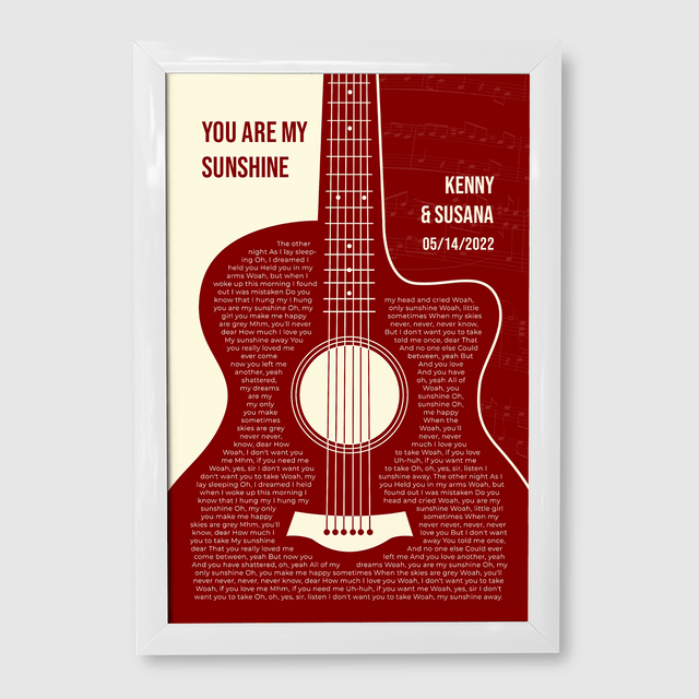 Antique Maroon Retro Guitar Design, Personalized Song Lyrics Framed Art Print